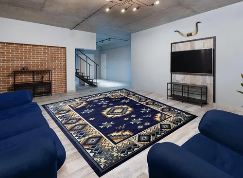 Vista 20 de Nevita Collection Southwestern Native American Design Area Alfombra geométrica (azul, 5'3" redondo)
