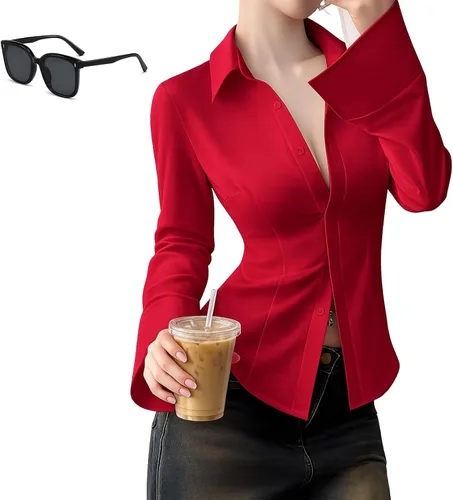 Vista 7 de Women's Slim-Fit Button-Down Long-Sleeved Casual Shirt, Fitted Work Blouse for Office Commuting