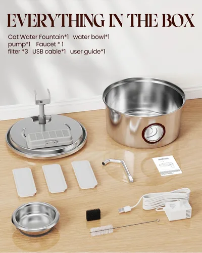 Vista 9 de Fuente de agua para gatos de acero inoxidable, fuente ultra silenciosa para gatos de 108 onzas / 3.2 L para beber con cuenco de agua extraíble