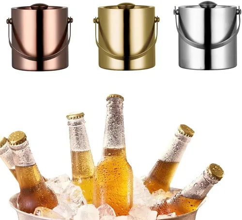Vista 3 de Cubo de hielo – Cubo de aislamiento térmico doble de 3L, barra nórdica y KTV para cerveza y vino y cóctel y champán con tapa, champán/dorado/plata