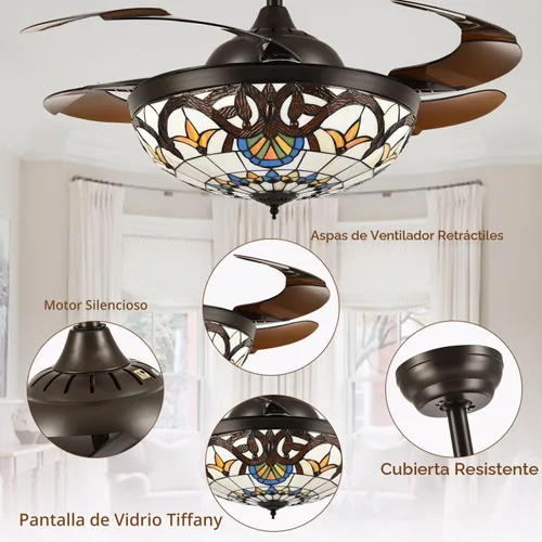 Vista 7 de Ventiladores de techo Tiffany de 42" con luces, ventilador de techo de vidrio manchado, ventilador de techo retráctil con candelabro y control