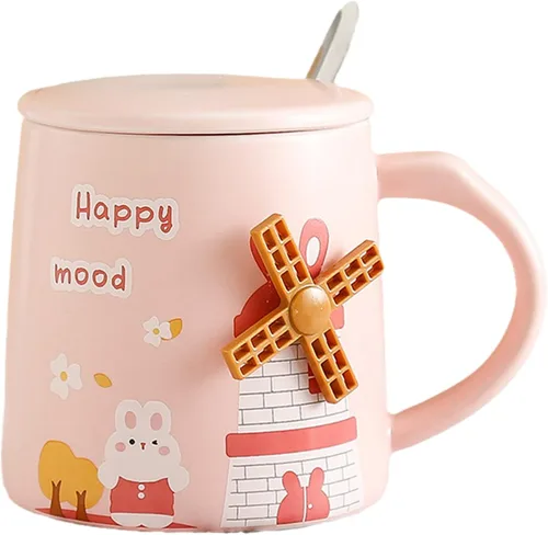 Vista 7 de Taza de globo de aire caliente con tapa, cuchara para niños, taza de leche de dibujos animados, taza 3D, taza de café de cerámica, taza de té