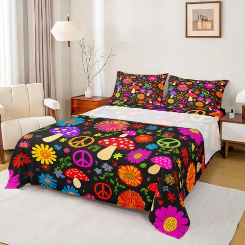Vista 19 de Juego de sábanas de flores Groovy de los años 70, tamaño individual, para niños y niñas, fresco, vintage, bohemio, floral, para mujer, Halloween