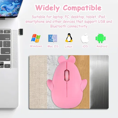Vista 6 de Ratón inalámbrico Bluetooth lindo animal pequeño con forma de delfín ratones de computadora con receptor USB 2.4GHz y Bluetooth modo dual silencioso