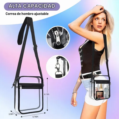 Vista 4 de Bolsa transparente aprobada para estadios, bolsa cruzada transparente, con correa de hombro ajustable para mujer, con bolsillo frontal Negro