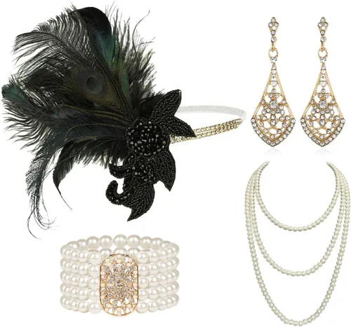 Vista 35 de Cizoe (aa) - Juego de accesorios de estilo Gatsby de la década de 1920, para mujer, diadema de estilo flapper, tocado, collar, guantes