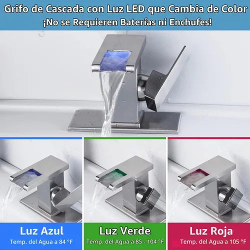 Vista 3 de Grifo de baño en cascada, cascada de grifo LED, níquel cepillado de un solo agujero, grifo de lavabo de baño en cascada, grifo de baño con luz LED
