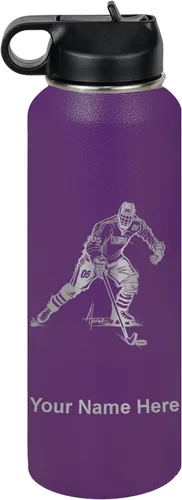Vista 50 de LaserGram Botella de agua personalizada, jugador de hockey, acero inoxidable de doble pared aislada al vacío con popote superior, regalo grabado
