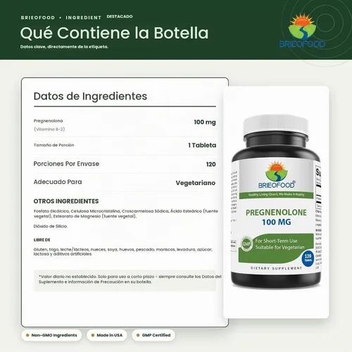 Vista 3 de Brieofood Pregnenolone 100 mg 120 tabletas - Suplemento de equilibrio hormonal