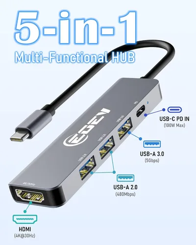 Vista 2 de Hub USB C 5 en 1 con HDMI 4K, adaptador USB C a HDMI, carga PD de 100 W, USB 3.0 5Gbps y 2 puertos USB 2.0, concentrador multipuerto tipo C