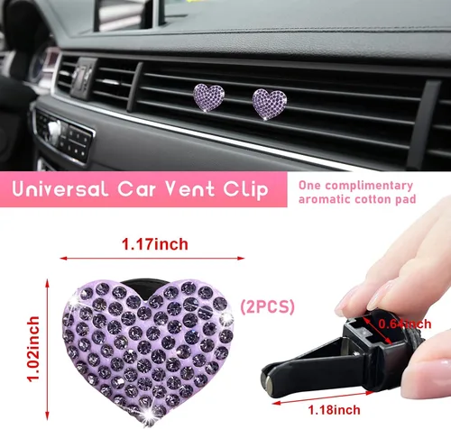 Vista 2 de Ziciner 2 piezas de dijes de clips para ventilación de aire de coche con corazón brillante, clips para salida de aire de coche con forma de corazón