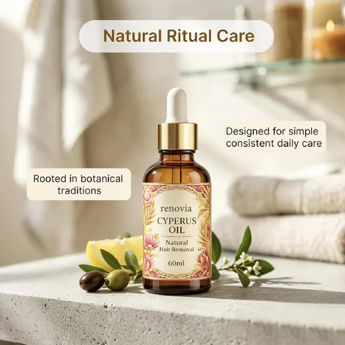 Vista 7 de Aceite Renovia Cyperus Rotundus, aceite natural para depilación para reducir la apariencia de vello corporal no deseado, hidratante y calmante