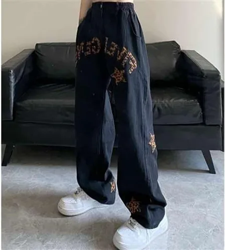 Vista 4 de Harajuku - Jeans de leopardo con estampado de letras, góticos, sueltos, de calle alta, rectos, hip hop