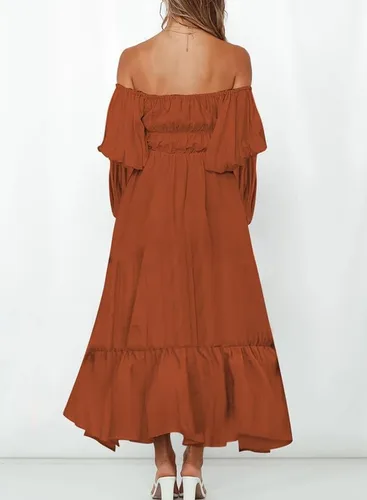 Vista 2 de Dokotoo Vestidos de hombro descubierto para mujer, manga larga, volantes, cintura elástica, acampanado, vestido largo casual