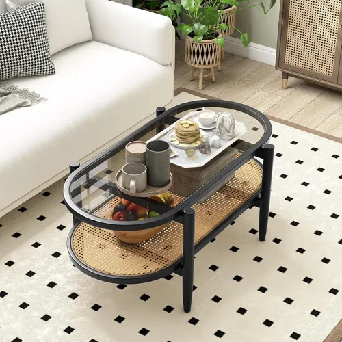 Vista 8 de Giantex Mesa de centro de ratán, mesa de té de madera ovalada de 2 niveles con mesa de vidrio templado y estante de almacenamiento de ratán de Negro