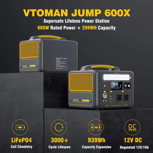Vista 2 de VTOMAN Estación de energía portátil de 600 W, batería LiFePO4 de 299 Wh con capacidad ampliable, con salidas de CA de 600 W (pico de 1200 W)/puerto