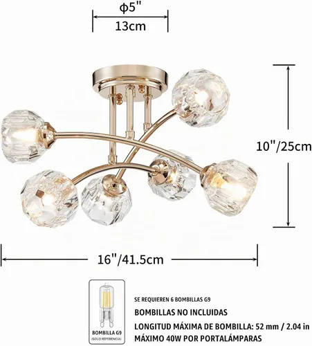 Vista 3 de AGV Lighting Moderna Luminaria de Techo de Cristal Sputnik, Lámpara de Techo Semiempotrada, Base G9 6 Luces, D16 x H10, Marco de Metal con Acabado