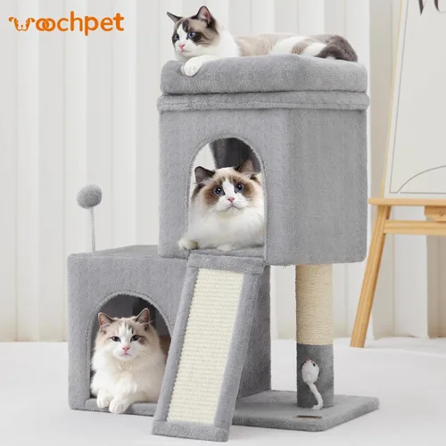 Vista 9 de Woochpet Árbol para gatos de 24 pulgadas de alto con 2 condominios para gatos y juguete de ratón, acogedora torre pequeña para gatos con poste