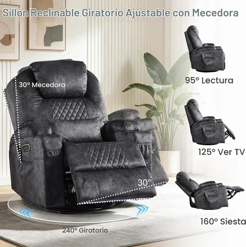 Vista 5 de Silla reclinable giratoria ajustable con motor doble gris (Velvet Gray)