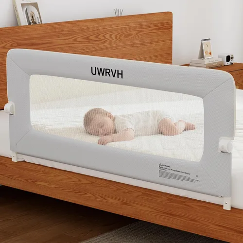 Vista 8 de Riel de cama para niños pequeños, riel plegable de 33 pulgadas, base en forma de T sin taladrar con bloqueo de seguridad, tela 3D suave, protector