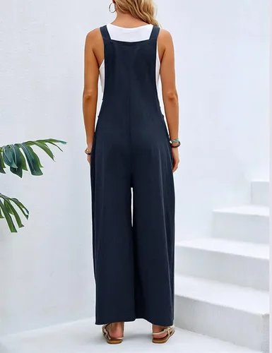 Vista 3 de Overol casual con pechera para mujer, de pierna ancha, tirantes delgados ajustables, con bolsillos