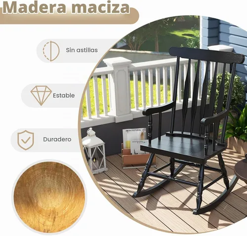 Vista 4 de Giantex Mecedora de madera para exteriores, mecedora de patio con marco de madera de goma maciza, respaldo de listones, balancín exterior e