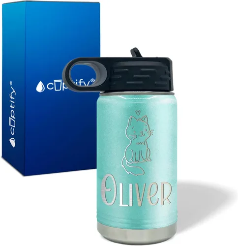 Vista 46 de Botella de agua para niños personalizada con nombre en botella de agua aislada con anillo verde mate de 12 onzas