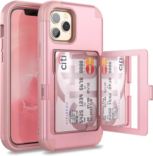 Vista 8 de WeLoveCase Funda tipo cartera para iPhone 12 Pro Max, protección resistente a prueba de golpes de 6.7 pulgadas con tarjetero y espejo, color negro