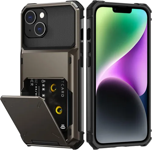 Vista 13 de Nvollnoe Funda para iPhone 14 con tarjetero [almacena 5 tarjetas] Funda tipo cartera de doble capa resistente a prueba de golpes con ranura oculta