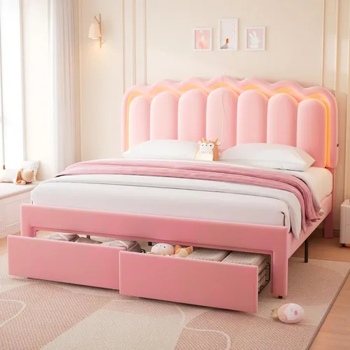 Vista 15 de Marco de cama LED tapizado individual con cajón de almacenamiento y cabecera doble ondulada ajustable, cama de plataforma de terciopelo