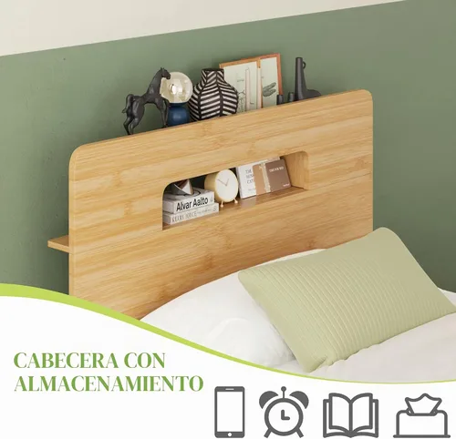 Vista 3 de ZIYOO Marco de cama de madera de bambú maciza tamaño individual con cabecera de almacenamiento, marco de cama plataforma de 14 pulgadas