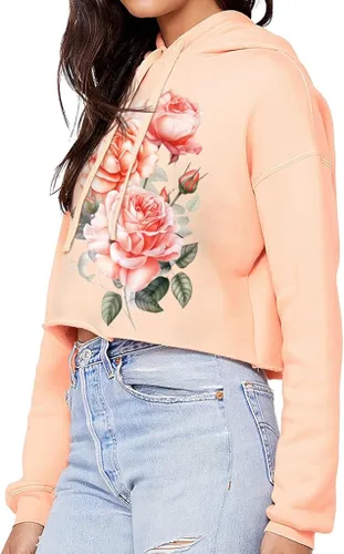 Vista 2 de Pink Rose Women's Cropped Hoodie - Flower Print Cropped Hoodie - Illustration Hooded Sweatshirt