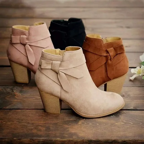 Vista 3 de PiePieBuy - Botines estilo Chelsea con lazo decorativo, puntera cerrada y tacón grueso de tiras para mujer