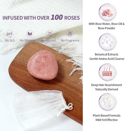 Vista 6 de Barra de champú Rose – Fortalece, nutre y da volumen al cabello – Fórmula a base de plantas con aceite de coco, aceite de aguacate y extractos