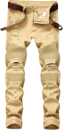 Vista 20 de Baylvn - Pantalones de mezclilla para hombre con diseño patchwork, ajustados y cómodos, estilo motociclista 3132 Camuflaje y azul
