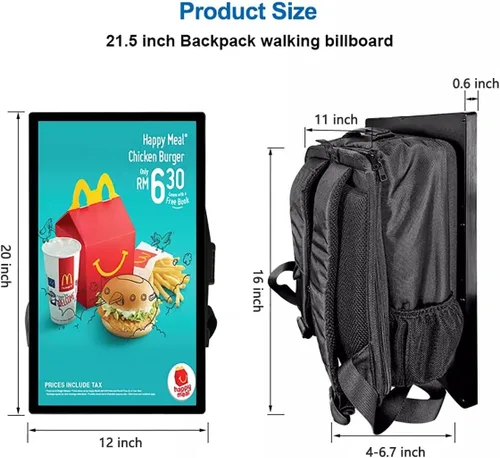 Vista 3 de Welaso Mochila de publicidad video LCD de 21 pulgadas, relación de resolución de 1920 * 1080, cartelera digital de mochila para caminar humana