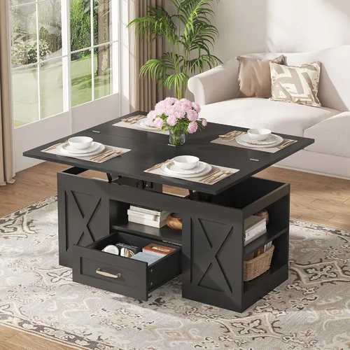 Vista 3 de Saudism Mesa auxiliar elevable de 40 pulgadas, mesas auxiliares multifunción 4 en 1 con cajones de almacenamiento y compartimentos ocultos, mesa
