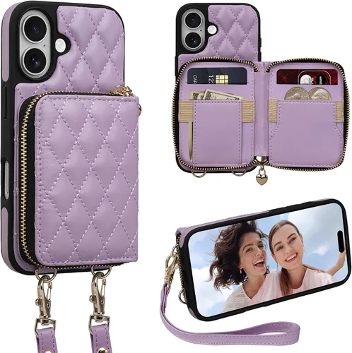 Vista 51 de Funda para iPhone 12 Pro/iPhone 12 de 6.1 pulgadas, cartera cruzada con cremallera para mujer, tarjetero con bloqueo RFID, funda de cuero con Negro