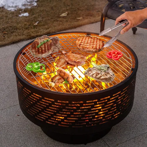 Vista 2 de OutVue Fogatas de leña de 26 pulgadas con parrilla y tapa, mesa de fogata para exteriores con cubierta impermeable y atizador de fuego, fogata al