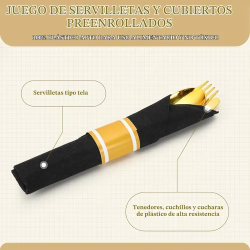 Vista 3 de Zubebe Paquete de 100 Juego de Cubiertos de Plástico Desechables Pre-envueltos con Servilleta, Juego de Utensilios Desechables Incluye Tenedores