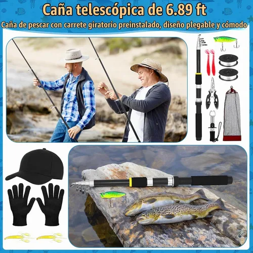 Vista 6 de Combo de caña de pescar telescópica y carrete de 2 piezas, kit de caña de pescar plegable con alicates para labios, señuelos, bolsa de transporte