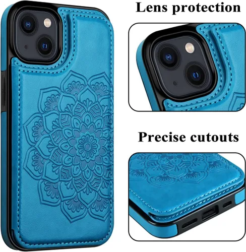 Vista 5 de MMHUO para iPhone 14 Funda con Tarjetero, Funda Flip Magnética con Flores en la Parte Posterior para Cartera de iPhone 14 para Mujeres, Funda Azul
