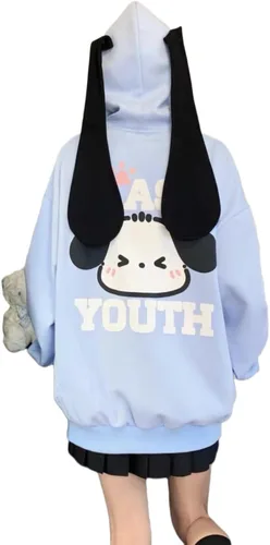 Vista 3 de Sudadera japonesa Kawaii con cremallera y orejas largas para mujer, suéter suelto casual con capucha para estudiante