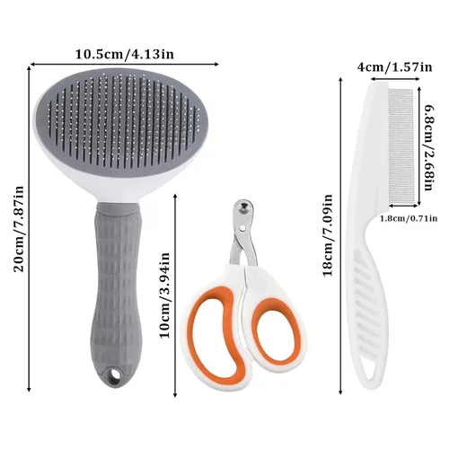 Vista 2 de Kit de aseo de cepillo para mascotas, cepillo deslizante autolimpiante, 3 piezas, kit de aseo para mascotas con cepillos de deshedding para perros