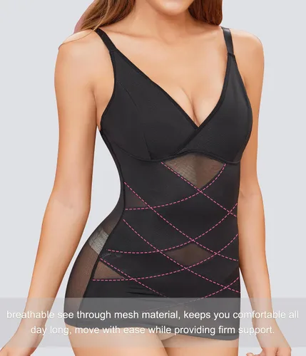 Vista 4 de Body Shaper para mujer con control de abdomen, camiseta sin mangas de compresión con cuello en V y brasier integrado