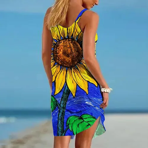 Vista 2 de Oiumov Vestidos de verano para mujer, estilo casual, tirantes delgados, bohemio, floral, talla grande, sin mangas, para la playa