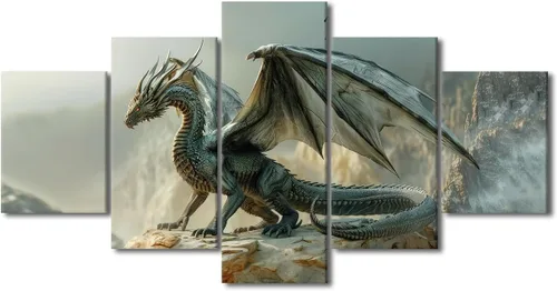 Vista 22 de Lienzo decorativo para pared de sala de estar, lienzo de dragón, 5 paneles, dragón verde, decoración de pared para el hogar, decoración de pared