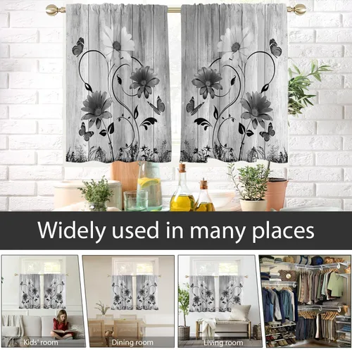 Vista 4 de AAtter Cortinas florales blancas y negras para ventana de cocina, diseño abstracto de hojas grises, pequeñas, cortas, para el hogar, sala de estar