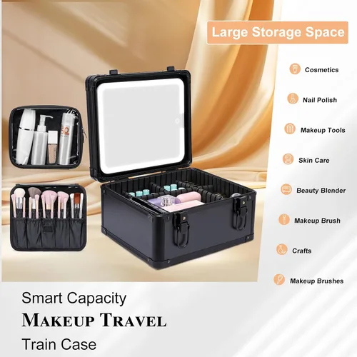 Vista 2 de Estuche de maquillaje con espejo LED, estuche rígido de viaje con espejo iluminado recargable y divisores ajustables, bolsa de almacenamiento