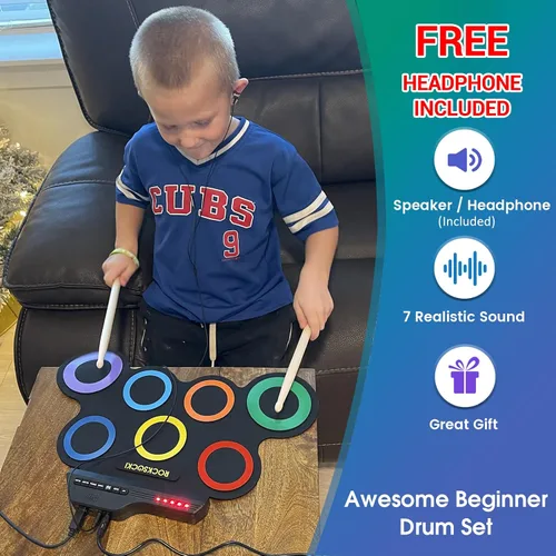 Vista 2 de Juego de batería eléctrica, 7 almohadillas electrónicas para niños con auriculares incluidos, almohadilla de práctica de tambor enrollable, gran 3-8